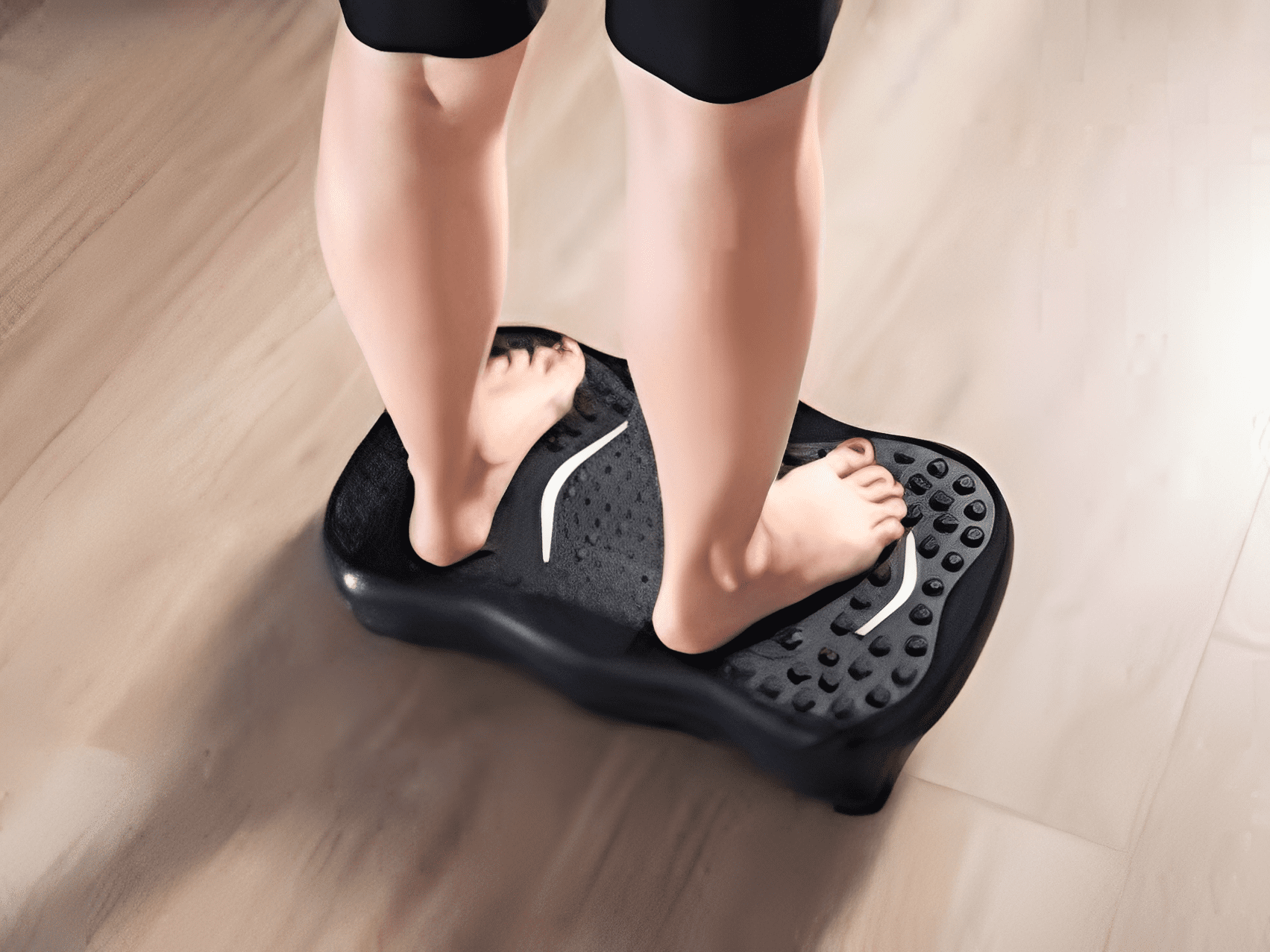 Person standing barefoot on a black foot massage platform.